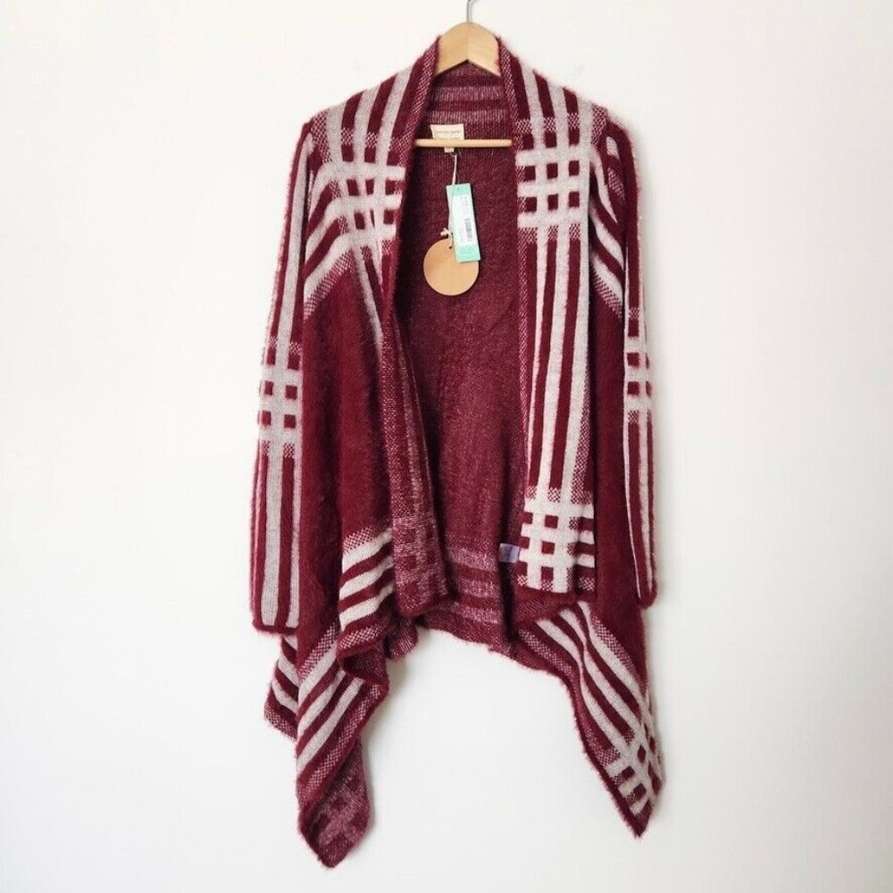 New Emory Park Plaid Oversized Cardigan Small Burgundy Red Asymmetric Open Effy